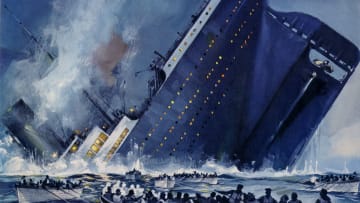 Titanic sinking on the cover of Showman's Guide for the Rank Organisation film ' A Night to Remember ' with Kenneth More.