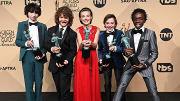 Finn Wolfhard, Gaten Matarazzo, Millie Bobby Brown, Noah Schnapp, and Caleb McLaughlin at the 23rd Annual Screen Actors Guild Awards.