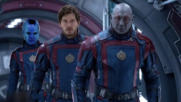 Karen Gillan, Chris Pratt, and Dave Bautista in 'Guardians of the Galaxy Vol. 3' (2023).