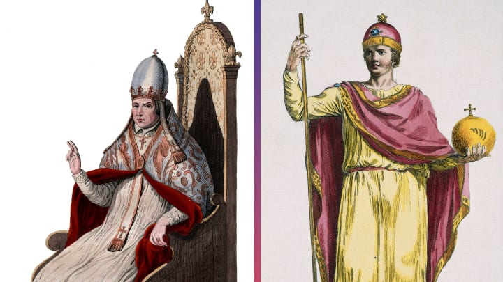 Pope Sylvester II (left) and Holy Roman Emperor Otto III (right).