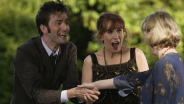David Tennant, Catherine Tate, and Fenella Woolgar in "The Unicorn and the Wasp"