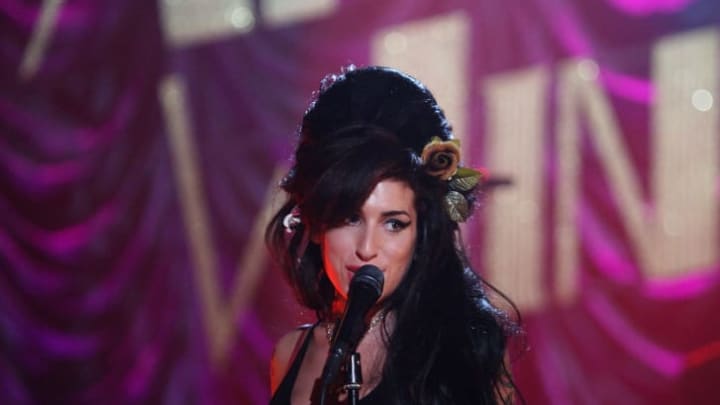 Amy Winehouse performs at the Riverside Studios for the 50th Grammy Awards ceremony via video link on February 10, 2008 in London, England.